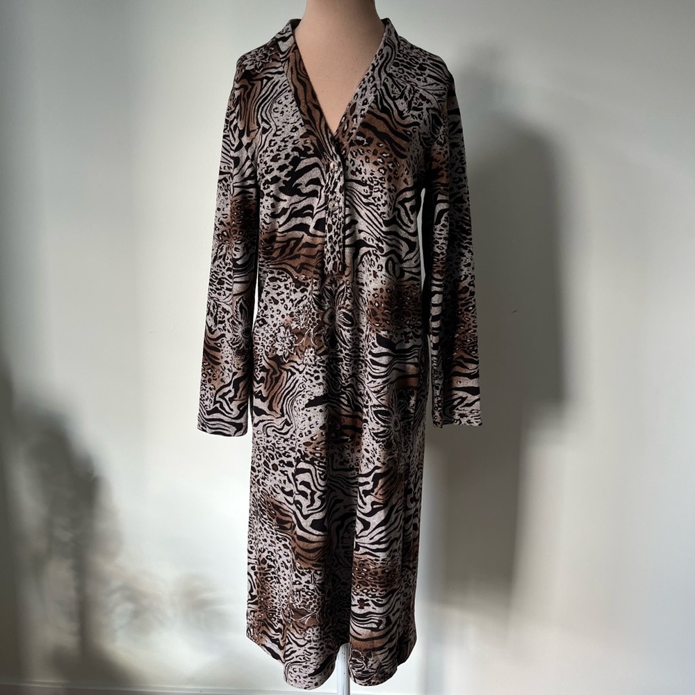 Diamond Tea Vintage Knee Length Brown Animal Print V-Neck Sweater Dress EUC Sz S